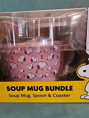 Peanuts Pink Snoopy Soup Mug Set with Spoon and Coaster